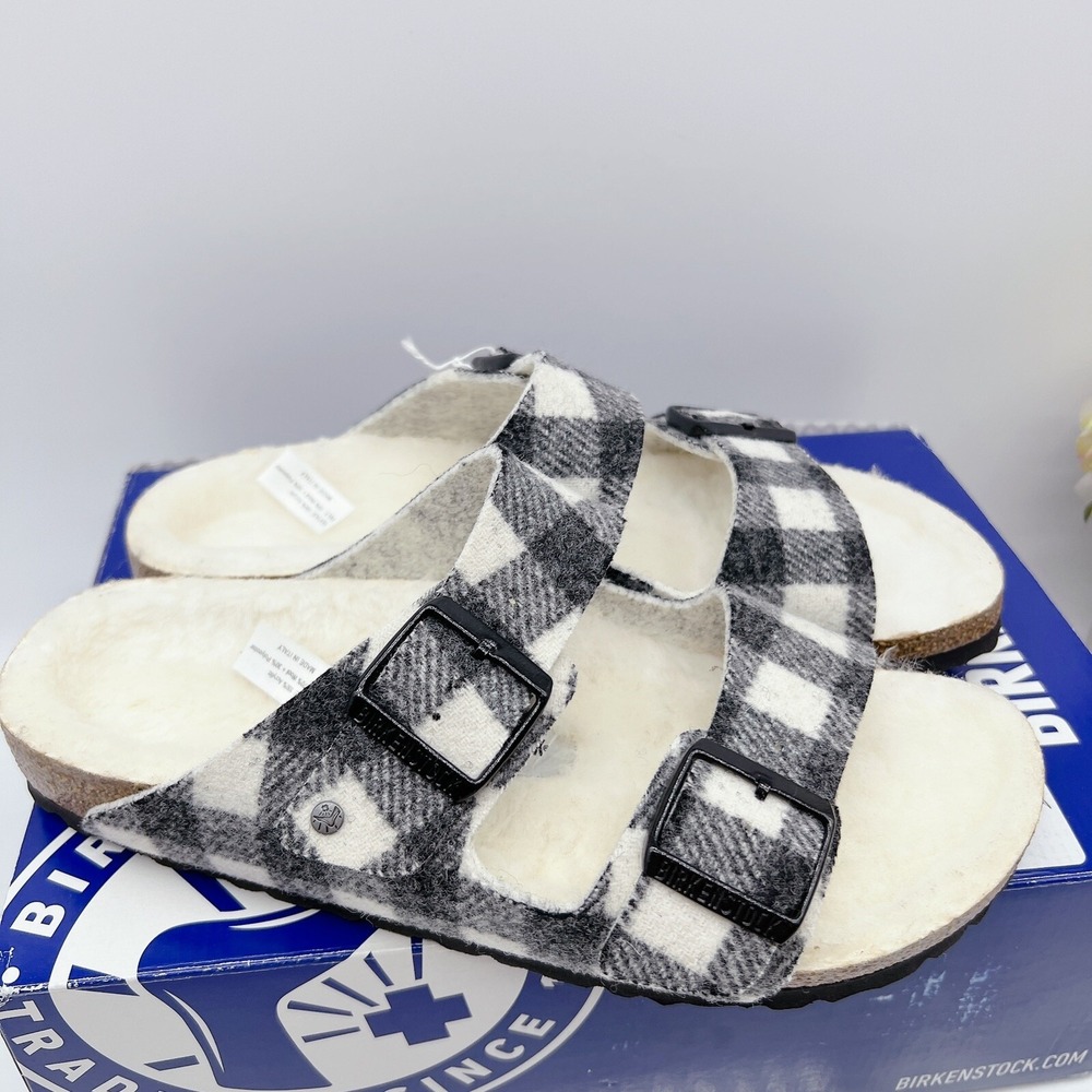 Birkenstock Arizona Rivet Shearling Sandal White Black Plaid Wool EU 46 US 13.5 - Picture 4 of 10